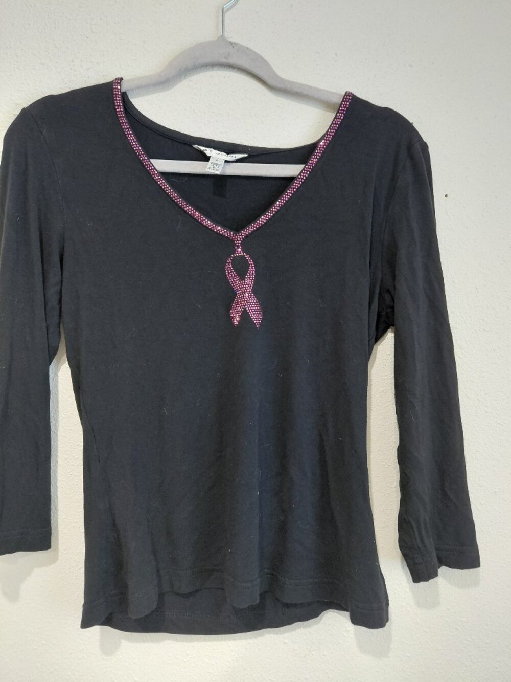 St. John Breast Cancer Awareness Black Pink Blouse Rhinestone Small